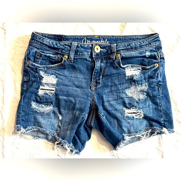 Aeropostale Pants - Aeropostale Women's Distressed Blue Denim Midi Cutoff Shorts Size 2